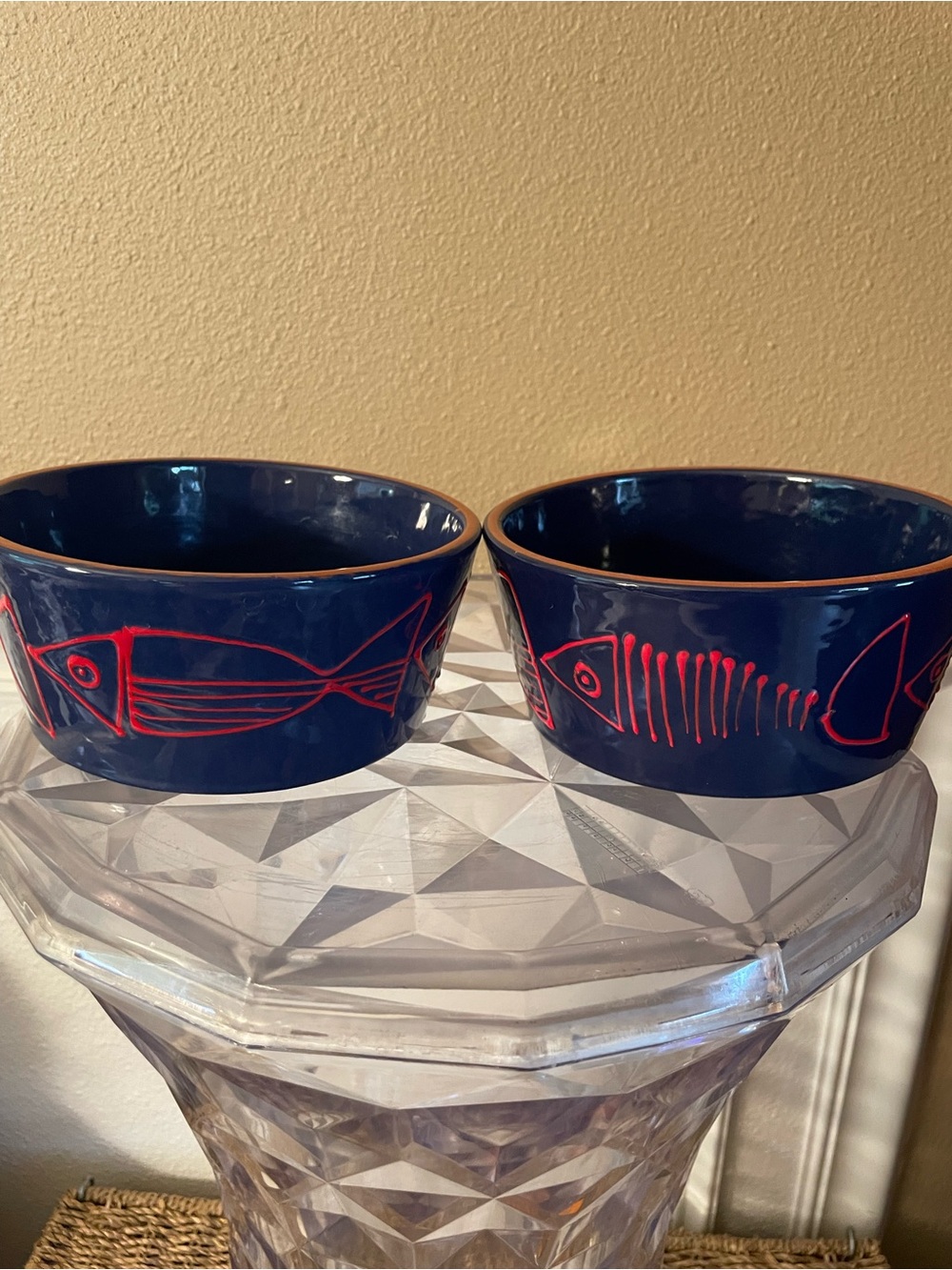 Crate & Barrel Shore Dark Navy Red Fish Bowls lot of 2